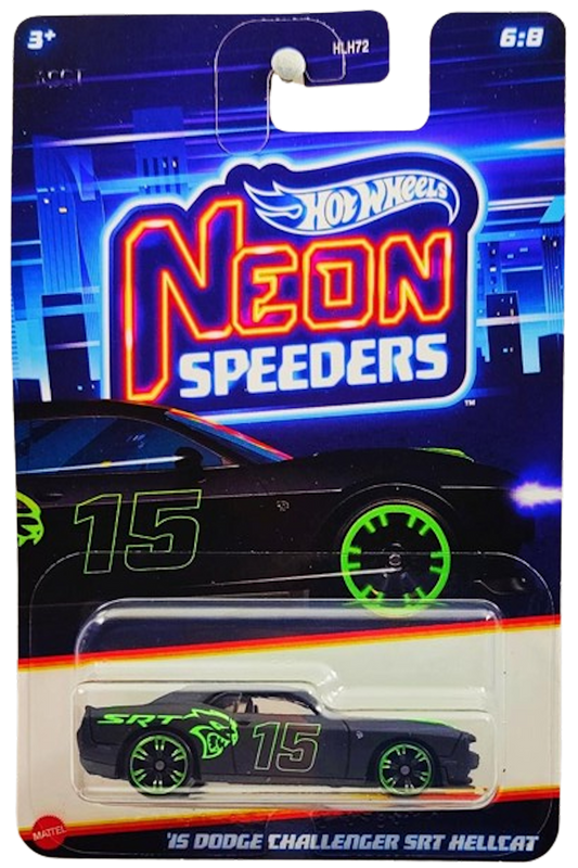 Hot Wheels 2024 - Mix 2 / Neon Speeders 6/8 - '15 Dodge Challenger SRT Hellcat - Matte Black / #15 / Neon Green Graphics - Green Chrome NS6 Wheels - Walmart Exclusive