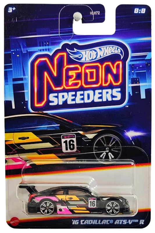 Hot Wheels 2024 - Mix 2 / Neon Speeders 8/8 - '16 Cadillac ATS-V R - Black / #16 / Orange & Pink Stripes - Chrome NS6 Wheels - Walmart Exclusive