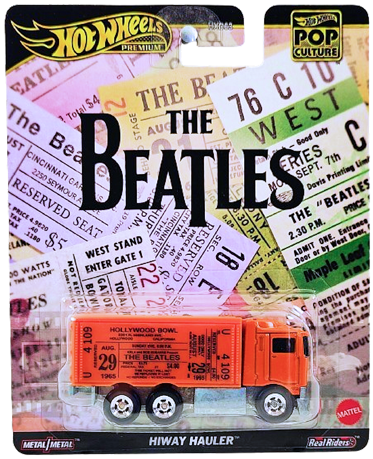 Hot Wheels 2024 - Premium / Pop Culture / The Beatles - Hiway Hauler - Orange / Hollywood Bowl Ticket Stub - Metal/Metal & Real Riders - The Beatles Ticket Stub Card