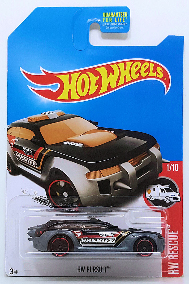 Hot Wheels 2017 - Collector # ---/365 - HW Rescue 1/10 - Treasure Hunts - HW Pursuit - Black / Sheriff / Circle Flame Logo on Sides - USA Card