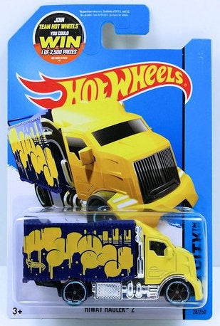 Hot Wheels 2015 - Collector # 028/250 - HW City / HW Art Cars - Hiway Hauler 2 - Yellow Cab / Blue Cargo Box / Yellow Chat Bubbles - USA 'WIN' Card