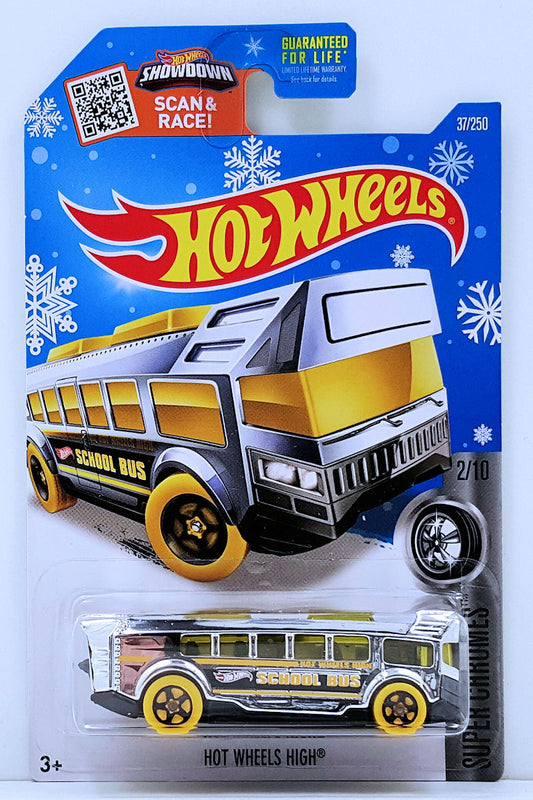 Hot Wheels 2016 - Collector # 037/250 - Super Chromes 2/10 - Hot Wheels High (School Bus) - Chrome Body / Yellow Windows - USA 'Showdown & Snowflake' Card only at Target