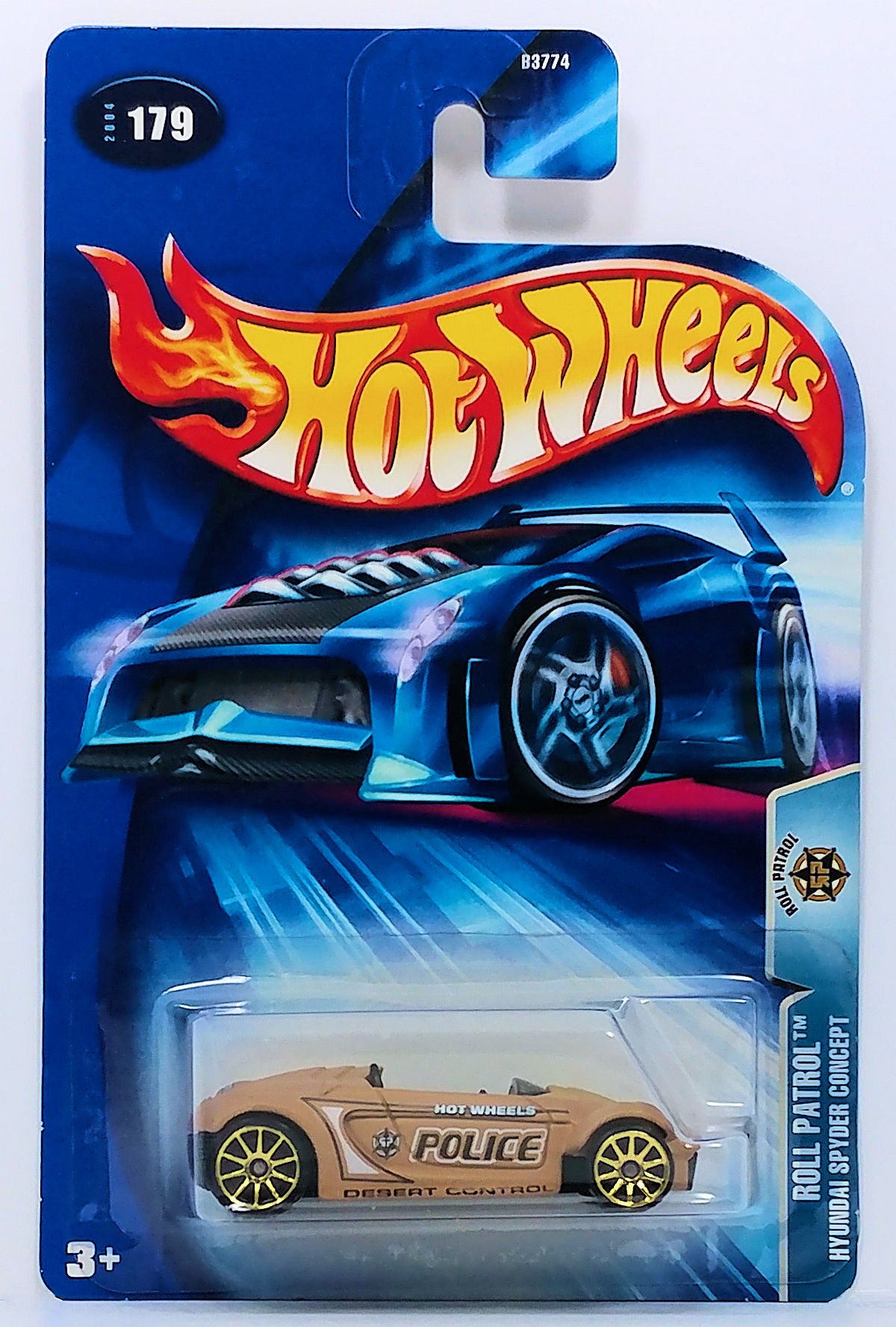 Hot Wheels 2004 - Collector # 179/212 - Roll Patrol - Hyundai Spyder Concept - Matte Tan / Police - Gold 10 Spokes - USA Card