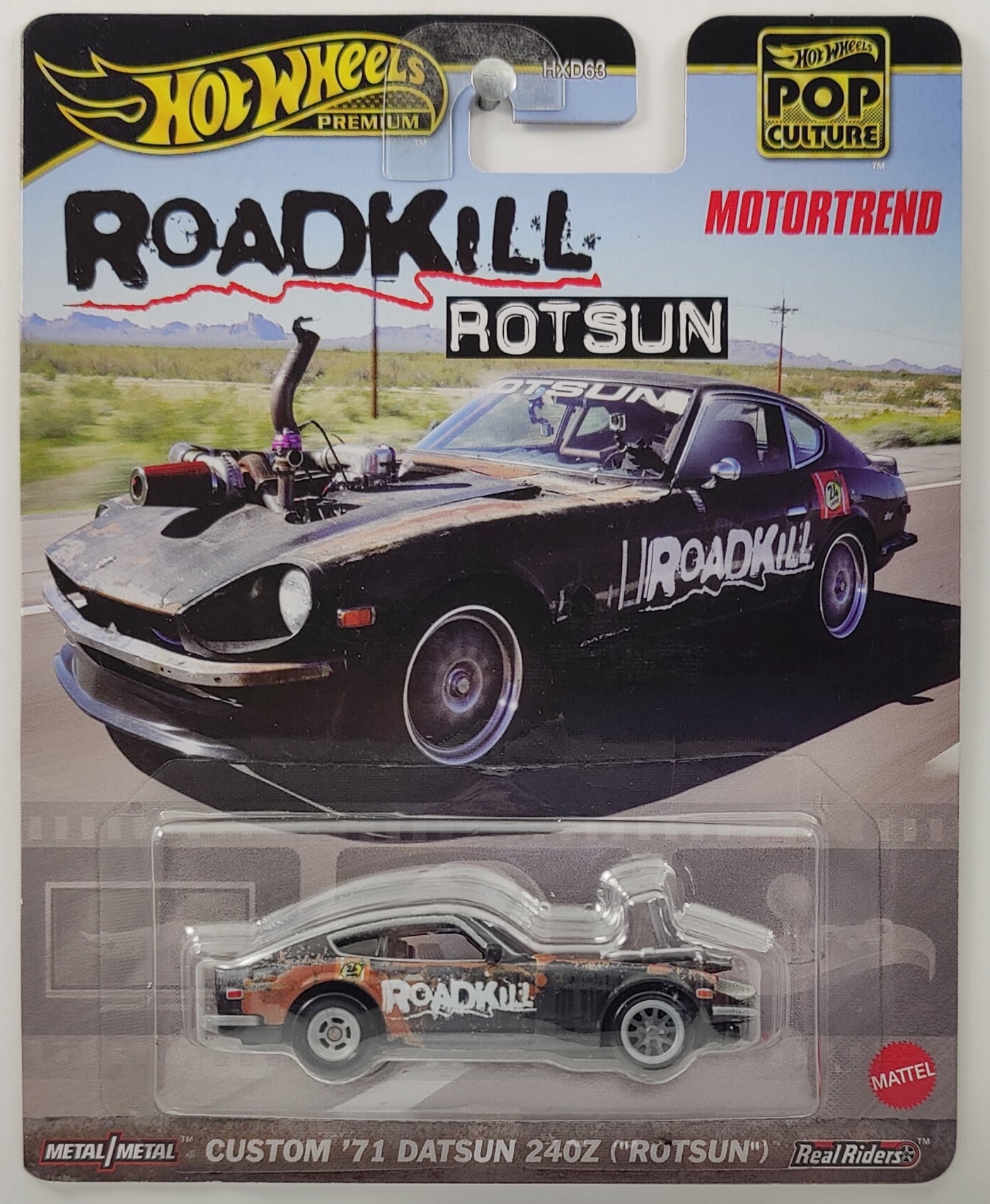 Hot Wheels 2024 - Premium / Pop Culture / Roadkill (Motortrend) - Custom '71 Datsun 240Z ("ROTSUN") - Black - Metal/Metal & Real Riders