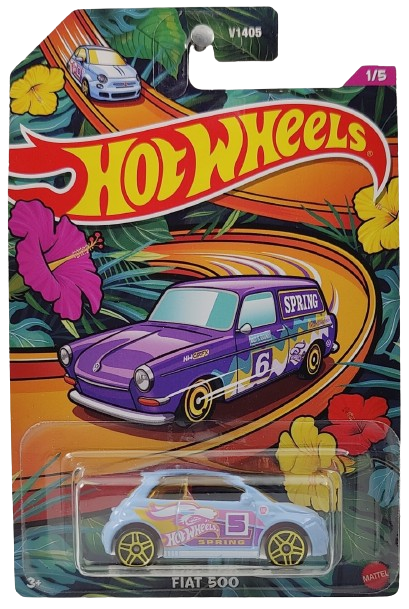 Hot Wheels 2024 - Theme / Easter / Spring 1/5 - Fiat 500 - Light Blue - Yellow PR5 Wheels - Spring Card