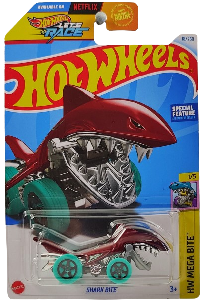 Hot Wheels 2024 - Collector # 018/250 - HW Mega Bite 1/5 - Shark Bite - Maroon - Black 5 Spoke Wheels on Teal Tires - USA Card