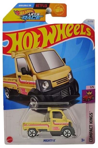 Hot Wheels 2024 - Collector # 021/250 - Compact Kings 1/5 - Mighty K - Pale Yellow / 'GMG Surf & Skate' / Red & Pink Stripes - White 5 Spoke Wheels - USA Card