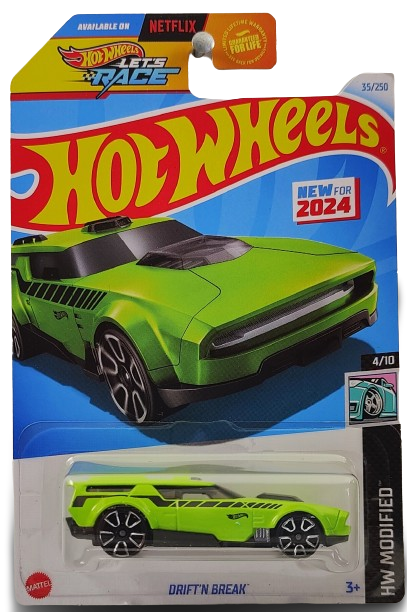 Hot Wheels 2024 - Collector # 035/250 - HW Modified 4/10 - New Models - Drift'n Break - Lime Green - Trap5 Wheels - USA 'Let's Race' Card