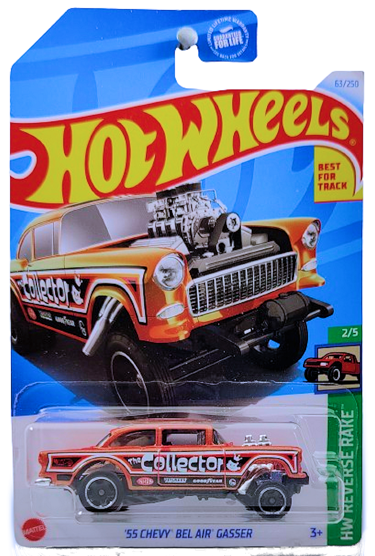 Hot Wheels 2024 - Collector # 063/250 - HW Reverse Rake 2/5 - '55 Chevy Bel Air Gasser - Metalflake Orange / Collector - Ringed Black RSW - USA Card