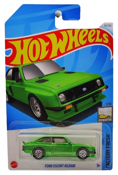 Hot Wheels 2024 - Collector # 023/250 - Factory Fresh 1/10 - SUPER Treasure Hunt - Ford Escort RS2000 - Spectraflame Neon Green / TH Logo on Rear - Real Rider 8 Spoke Wheels - International Card