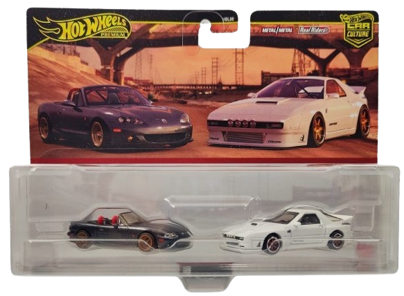 Hot Wheels 2024 - Premium / Car Culture 2-Pack - '04 Mazda Mazdaspeed Miata & Mazda RX7 FC Pandem - Metal/Metal & Real Riders - Large Display Blister Card