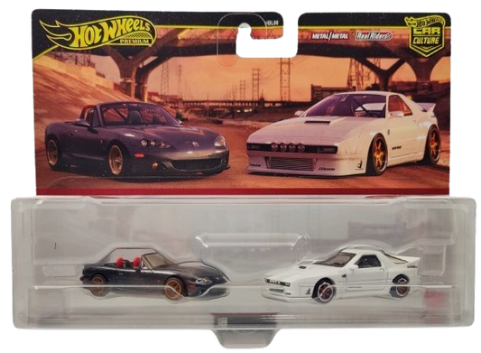 Hot Wheels 2024 - Premium / Car Culture 2-Pack - '04 Mazda Mazdaspeed Miata & Mazda RX7 FC Pandem - Metal/Metal & Real Riders - Large Display Blister Card