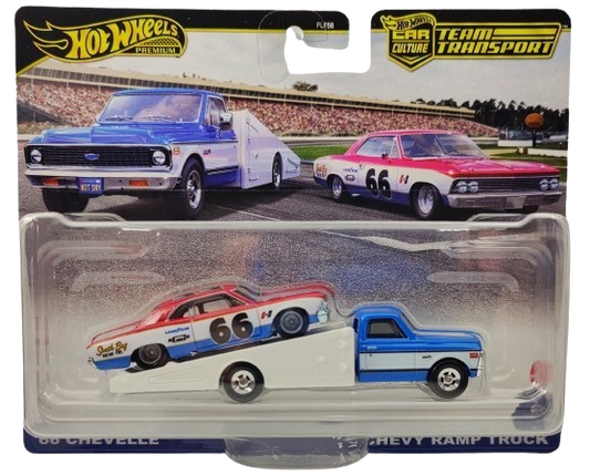 Hot Wheels 2024 - Premium / Car Culture / Team Transport # 64 - '66 Chevelle & '72 Chevy Ramp Truck - Red, White & Blue - Metal/Metal & Real Riders - Mix 1