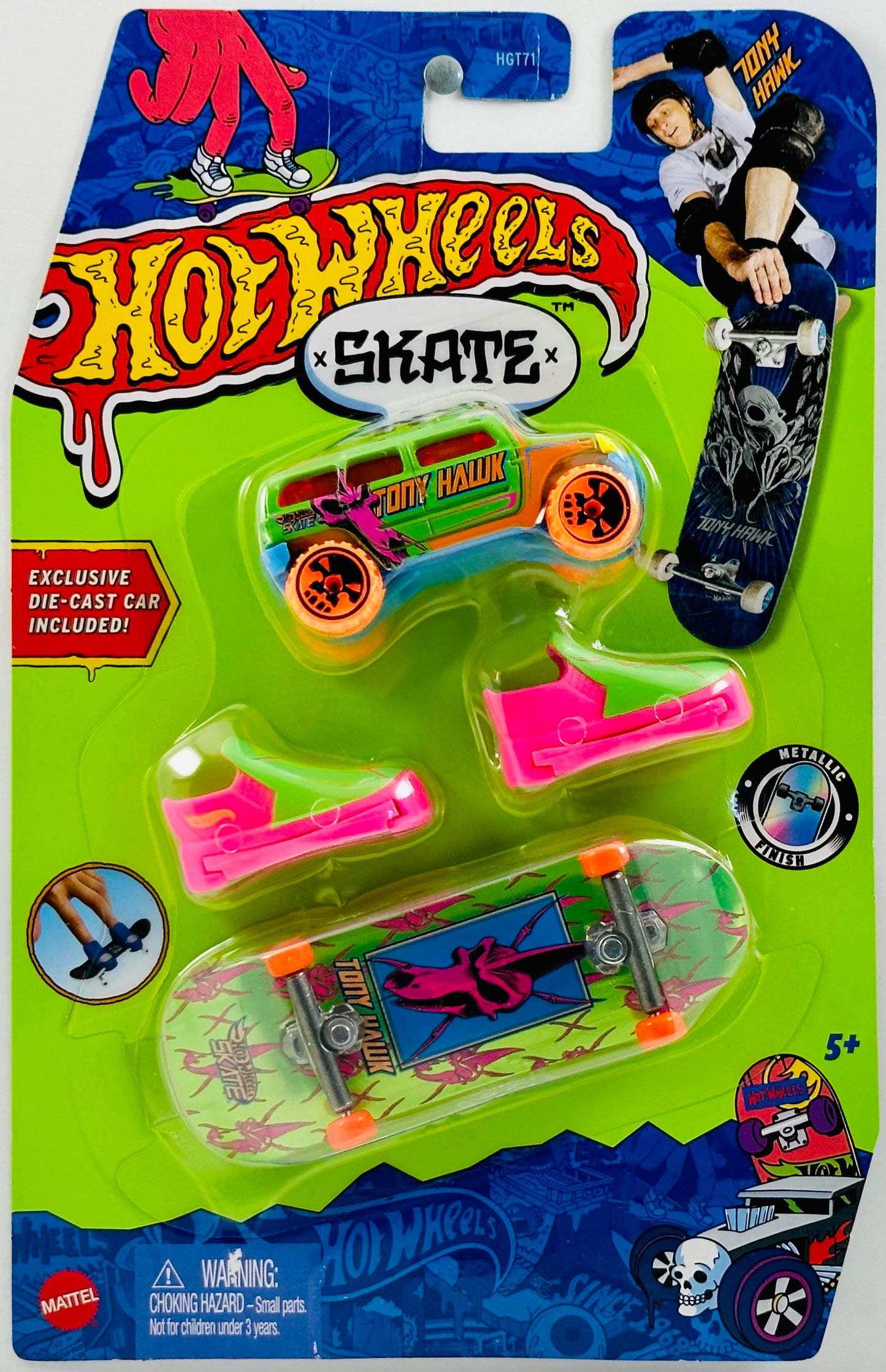 Hot Wheels 2023 - Skate - Multipack w/ Car - Howlan - Rockster - Green - Orange Wheels / Black Skull - 'Tony Hawk' Graphics - Metallic Finish - Large Blister Card