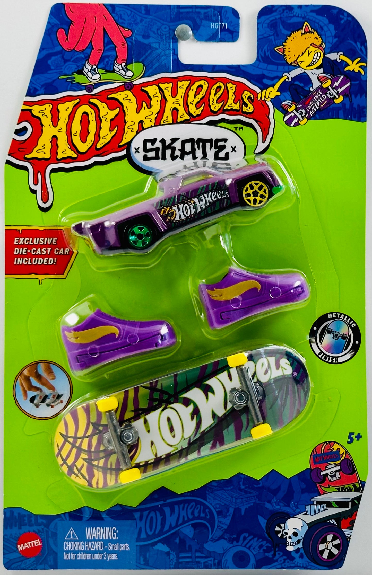 Hot Wheels 2023 - Skate - Multipack w/ Car - Feline Risky - Solid Muscle - Purple - Striped Hot Wheels Graphics - Metallic Finish - Large Blister Card