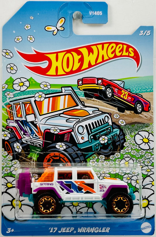 Hot Wheels 2023 - Spring Series 03/05 - '17 Jeep Wrangler - White - Purple, Blue & Orange Stripes / '23' 'Spring' - IC