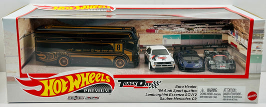 Hot Wheels 2023 - Premium / Track Day / 4 Car Pack - Euro Hauler, '84 Audi Sport quattro, Lamborghini Essenza SCV12, & Sauber-Mercedes C9 - Metal/Metal - Real Riders