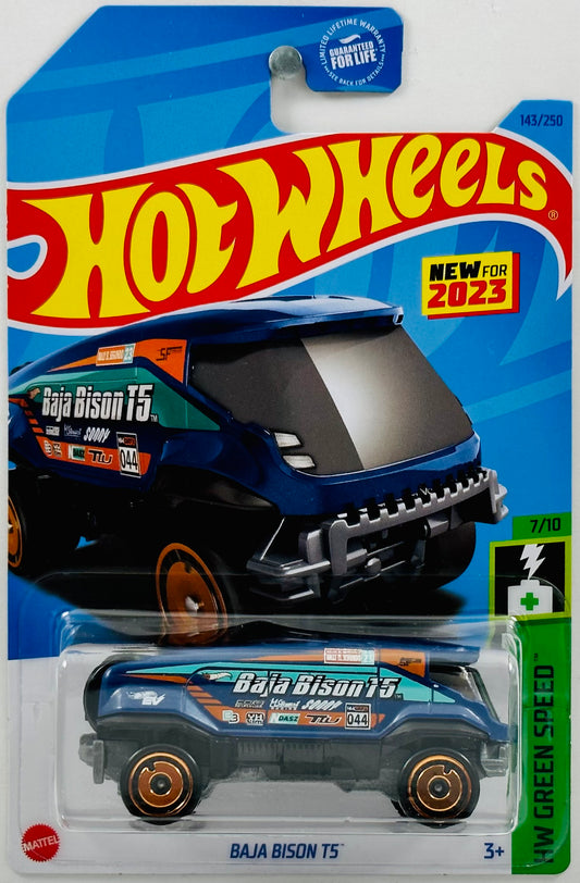 Hot Wheels 2023 - Collector # 143/250 - HW Green Speed - New Models - Baja Bison T5 - Navy Blue - 'Baja Bison T5' on Side w/ Sponsorships - Aerodisc Wheels - USA