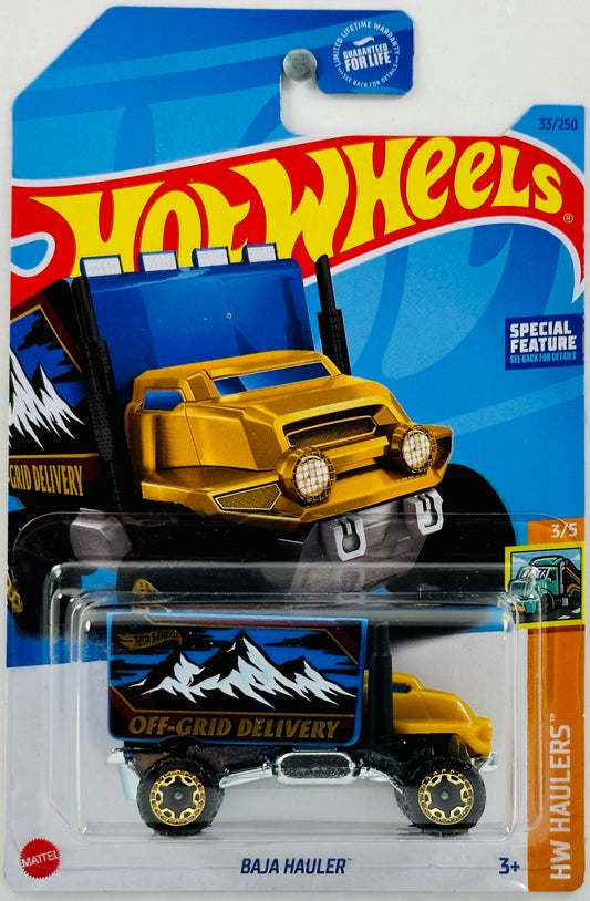 Hot Wheels 2023 - Collector # 033/250 - HW Haulers 03/05 - Baja Hauler - Yellow & Blue - 'Off-Grid Delivery' / Moutain Graphics - USA