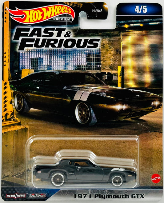 Hot Wheels 2023 - Premium / Fast & Furious # 4/5 - The Fate of the Furious - 1971 Plymouth GTX - Black - Metal/Metal & Real Riders