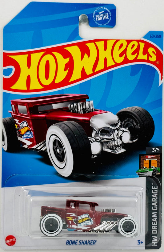 Hot Wheels 2023 - Collector # 060/250 - HW Dream Garage 03/05 - Bone Shaker - Maroon - 'Team Awesome' / White & Yellow Stripes on Sides - USA