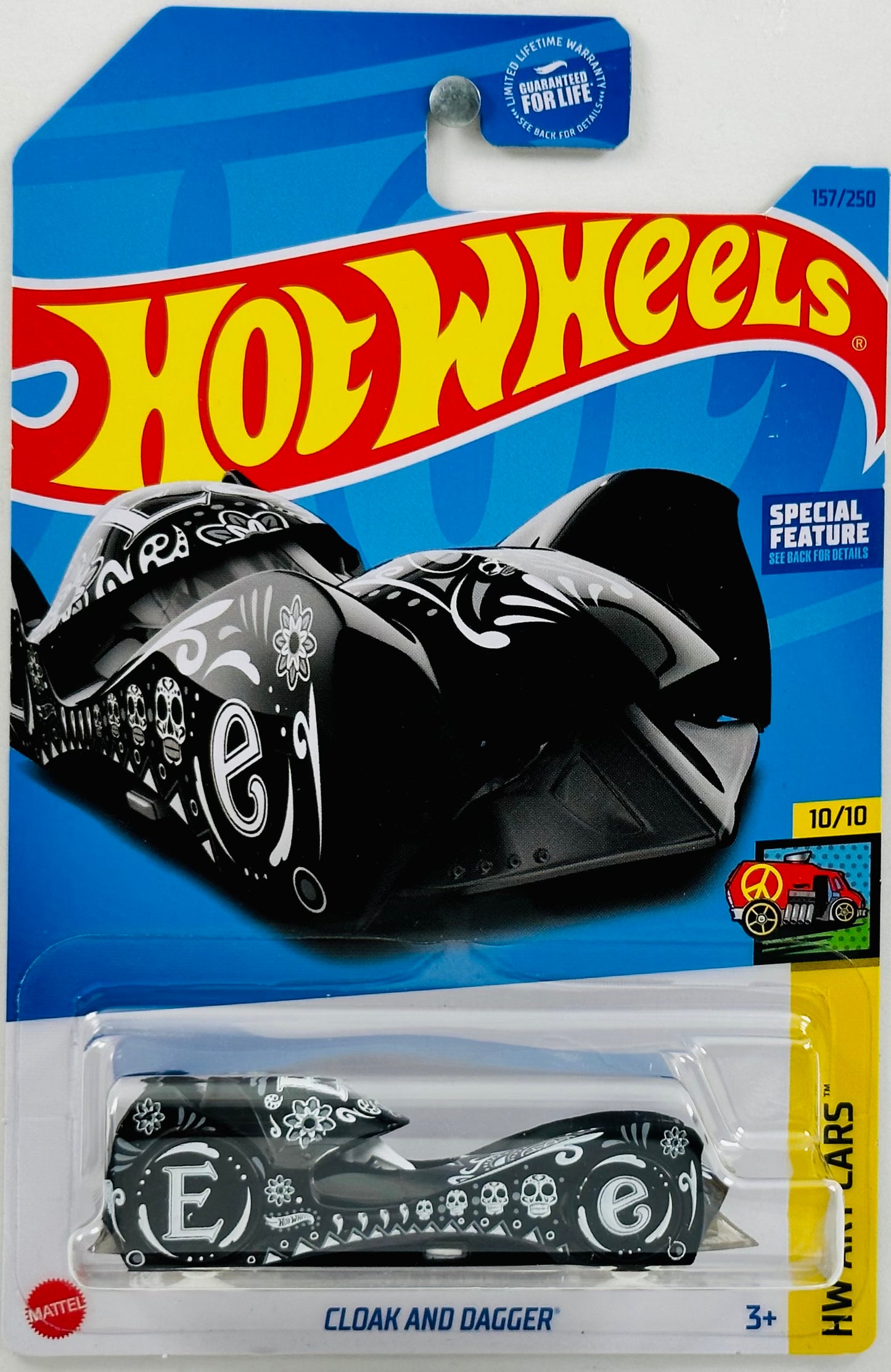 Hot Wheels 2023 - Collector # 157/250 - HW Art Cars 10/10 - Cloak and Dagger - Black - Day of the Dead Artwork / 'E / 'e' - USA