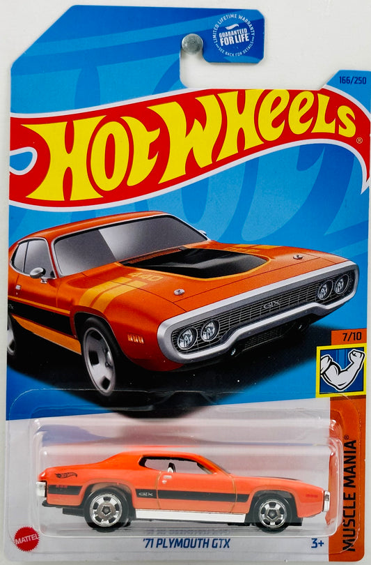 Hot Wheels 2023 - Collector # 166/250 - Muscle Mania 07/10 - '71 Plymouth GTX - Orange - Black Side Stripe & Hood Scoop - USA