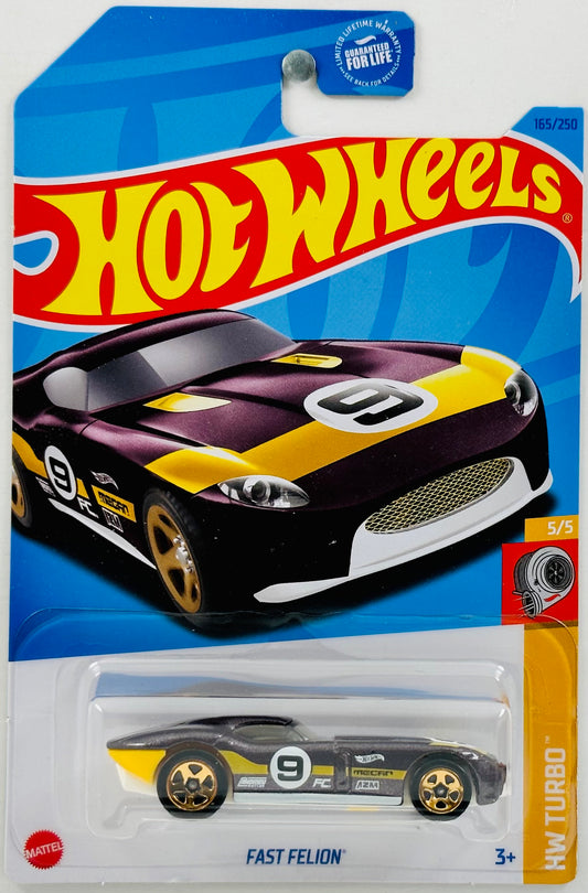 Hot Wheels 2023 - Collector # 165/250 - HW Turbo 05/05 - Fast Felion - Dark Maroon - Yellow Stripes / '9' - USA