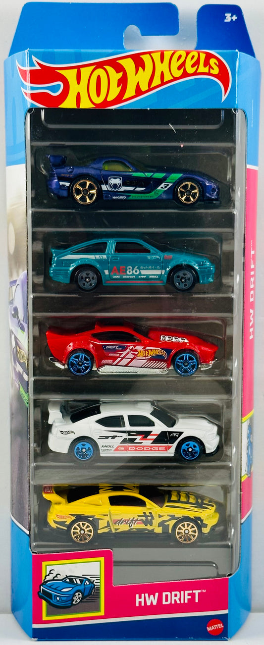 Hot Wheels 2023 - Gift Pack / 5 Pack - HW Drift - Dodge Viper SRT10 ACR, Toyota AE-86 Corolla, Drift Rod, Dodge Charger Drift & Custom '12 Ford Mustang