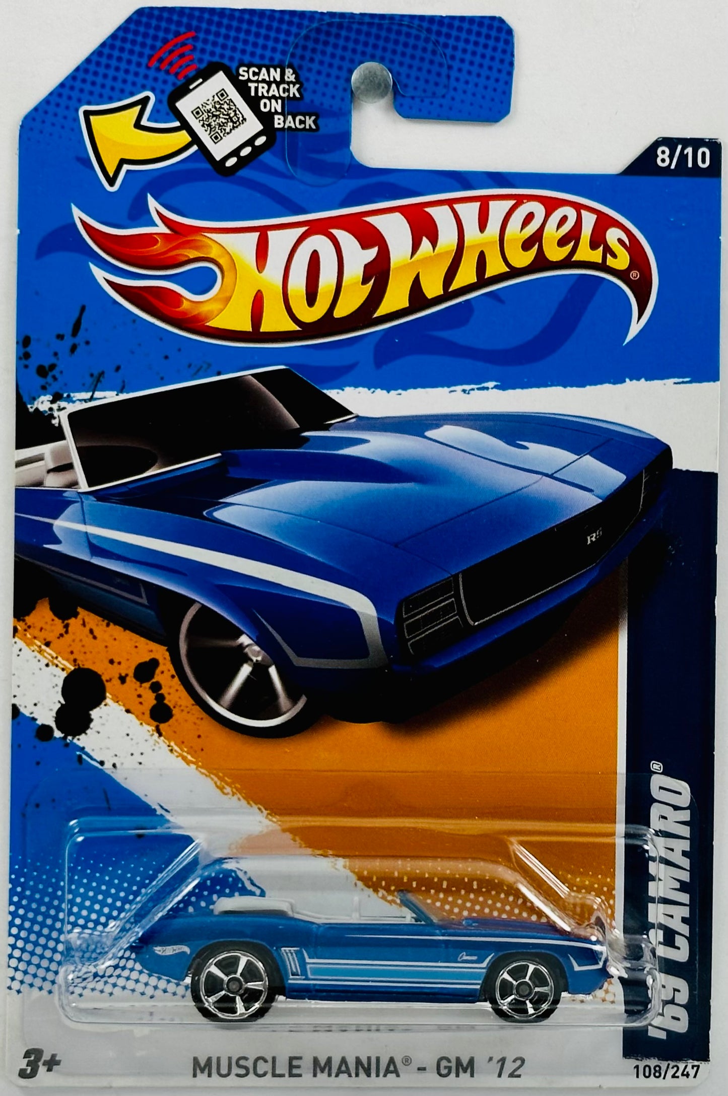 Hot Wheels 2012 - Collector # 108/247 - Muscle Mania - GM 08/10 - '69 Camaro - Blue - Light Blue & Sliver Stripes - Toys R Us Exclusive - USA