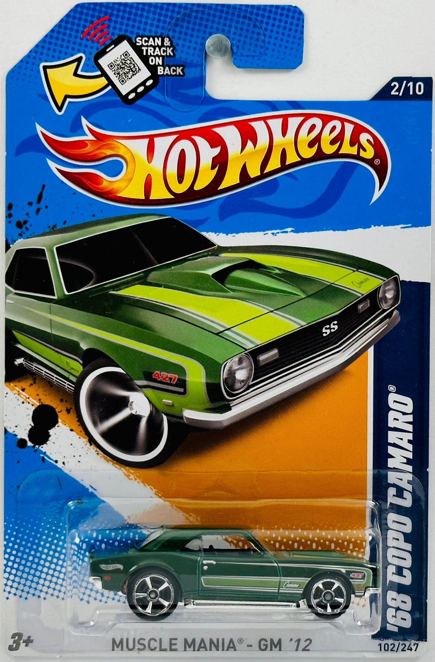 Hot Wheels 2012 - Collector # 102/247 - Muscle Mania - GM 02/10 - '68 Copo Camaro - Dark Green - Green & Sliver Stripes - USA