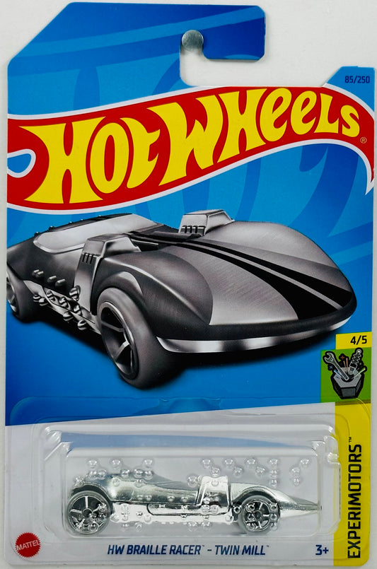 Hot Wheels 2023 - Collector # 085/250 - Experimotors 04/05 - HW Braille Racer - Twin Mill - ZAMAC - Gray Racing Stripes - IC