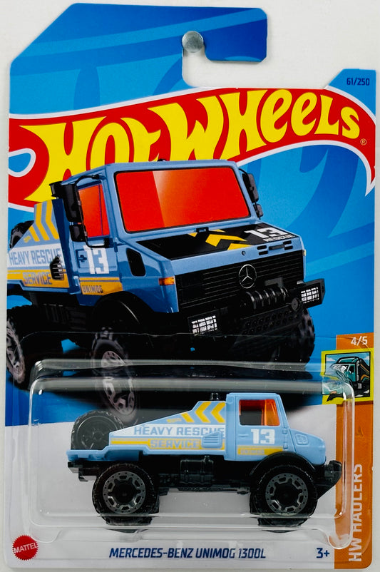 Hot Wheels 2023 - Collector # 061/250 - HW Haulers 04/05 - Mercedes-Benz Unimog 1300L - Light Blue - 'Heavy Rescue Service' / '13' - IC