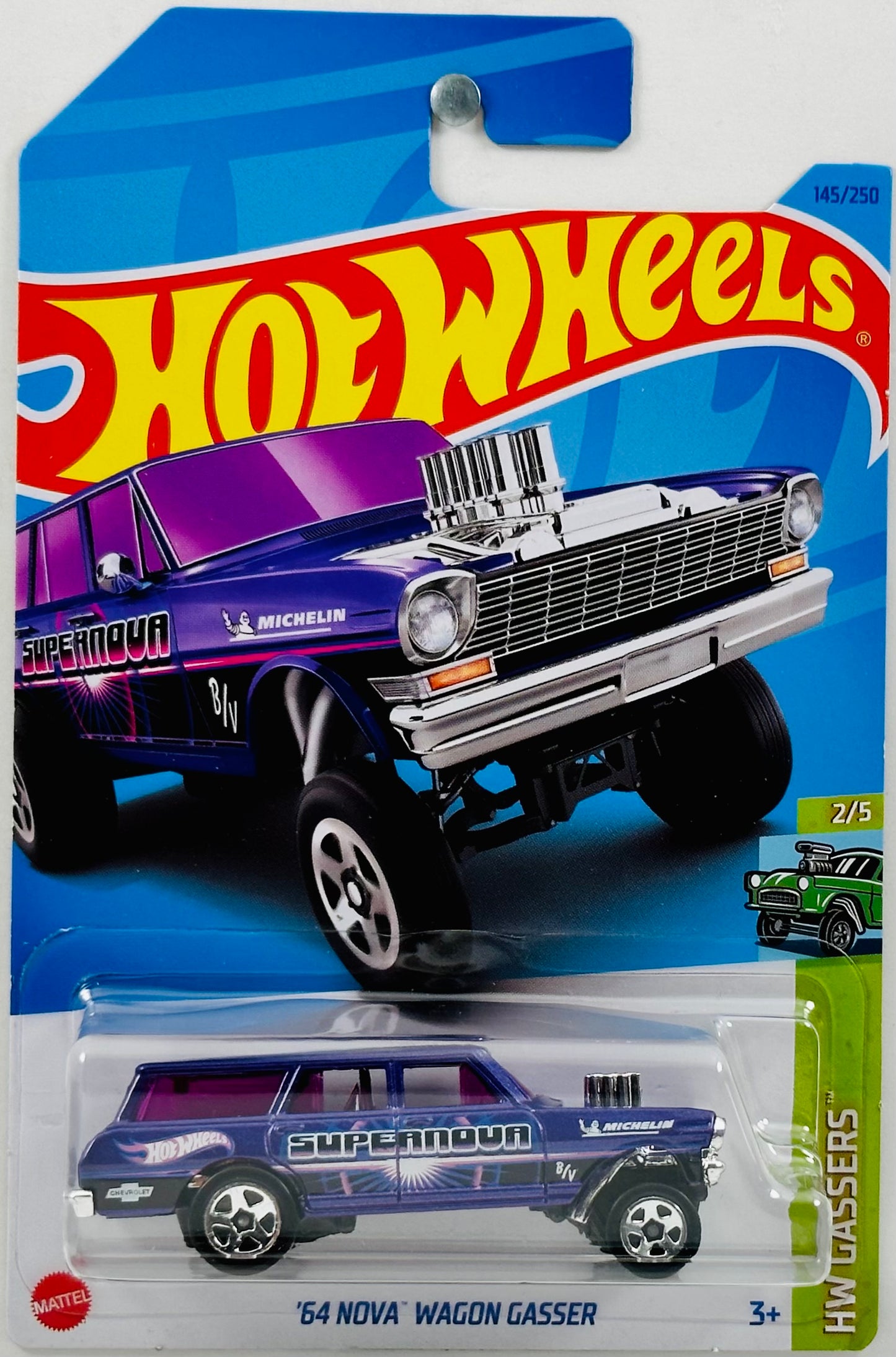 Hot Wheels 2023 - Collector # 145/250 - HW Gassers 2/5 - '64 Nova Wagon Gasser - Metalflake Purple / 'Supernova' - IC