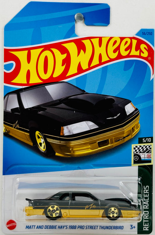 Hot Wheels 2023 - Collector # 056/250 - Retro Racers 05/10 - Matt and Debbie Hay's 1988 Pro Street Thunderbird - Black - Gold Pulse Graphic - IC