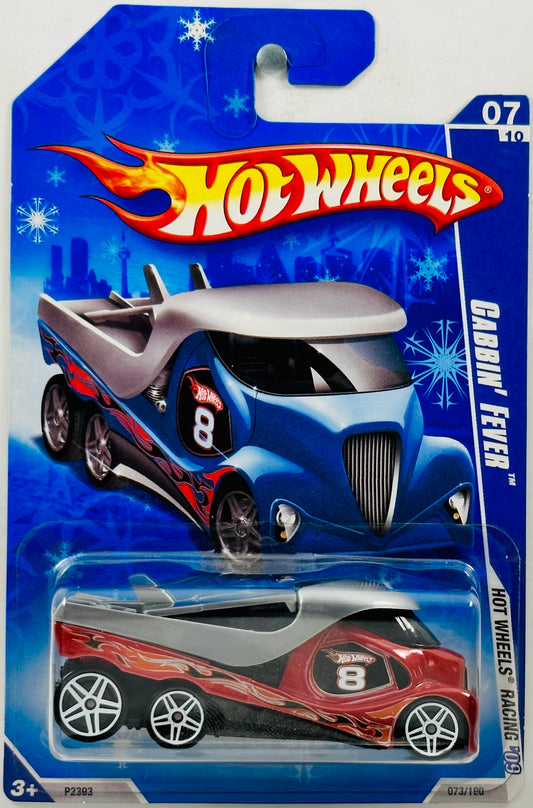 Hot Wheels 2009 - Collector # 073/190 - Hot Wheel's Racing 07/10 - Cabin' Fever - Red - '8' / Black & Sliver Flames - Target Exclusive - USA Card / Snowflake / Blue Truck