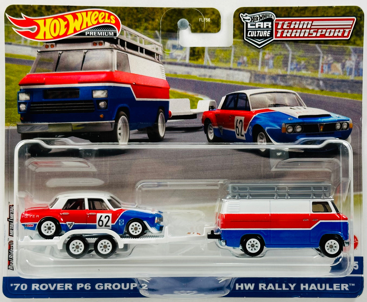 Hot Wheels 2023 - Premium / Car Culture / Team Transport # 55 - '70 Rover P6 Group 2, HW Rally Hauler & HW Rally Trailer - Red, White & Blue - Metal/Metal & Real Riders