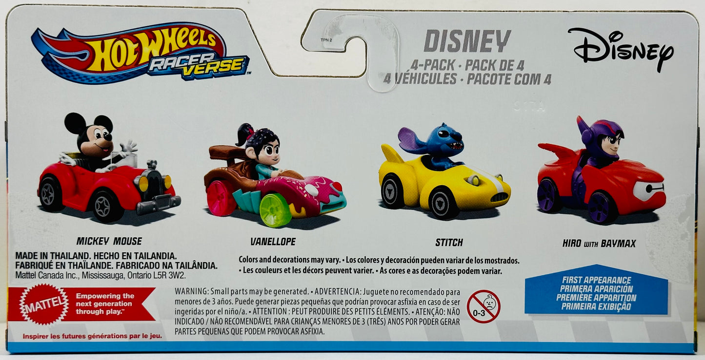 Hot Wheels 2023 - RacerVerse / 4 Pack / Disney - Mickey Mouse, Vanellope, Stitch & Hiro with Baymax