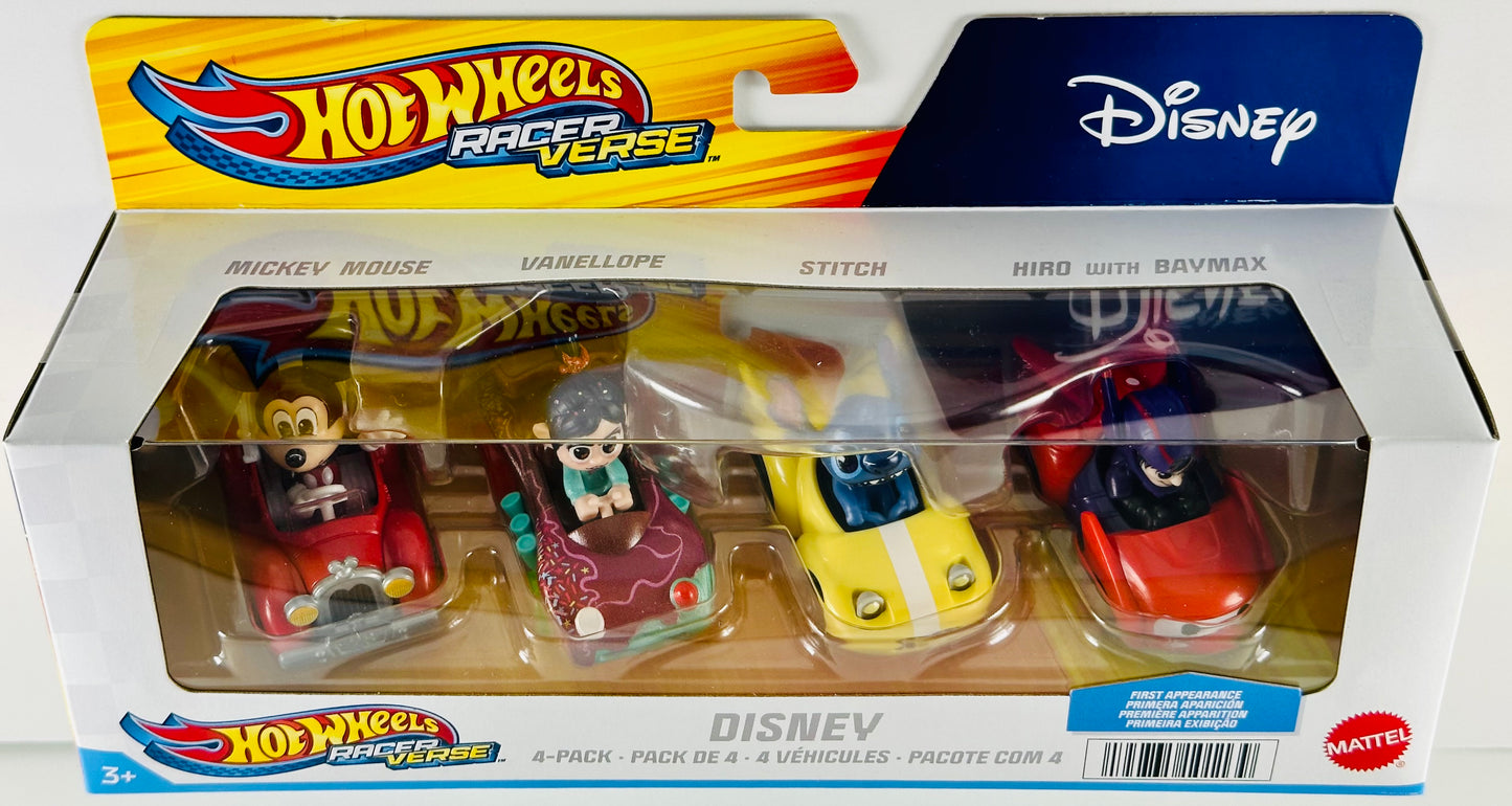 Hot Wheels 2023 - RacerVerse / 4 Pack / Disney - Mickey Mouse, Vanellope, Stitch & Hiro with Baymax