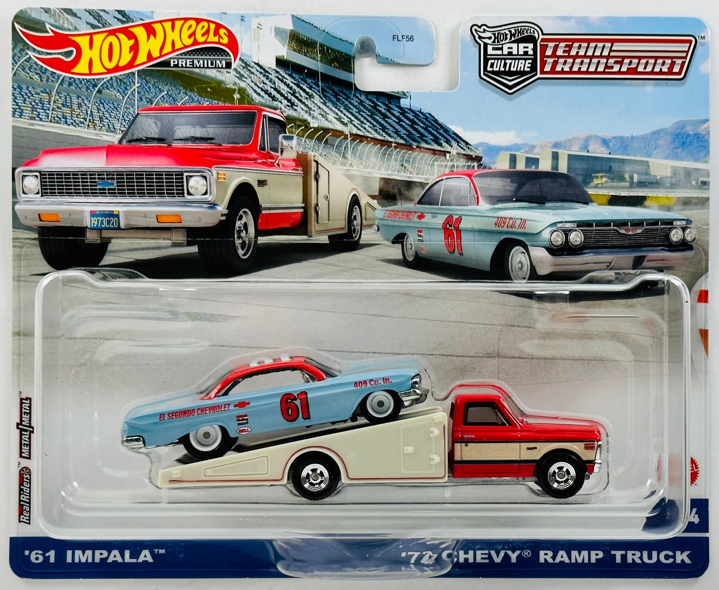 Hot Wheels 2023 - Premium / Car Culture / Team Transport # 54 - '61 Impala, & '72 Chevy Ramp Truck - Red & Powder Blue - Metal/Metal & Real Riders