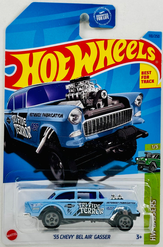 Hot Wheels 2023 - Collector # 110/250 - HW Gassers 1/5 - '55 Chevy Bel Air Gasser - Matte Light Blue / Tri-Five Terror - USA