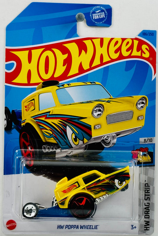 Hot Wheels 2023 - Collector # 186/250 - HW Drag Strip 08/10 - HW Poppa Wheelie - Yellow - USA Card