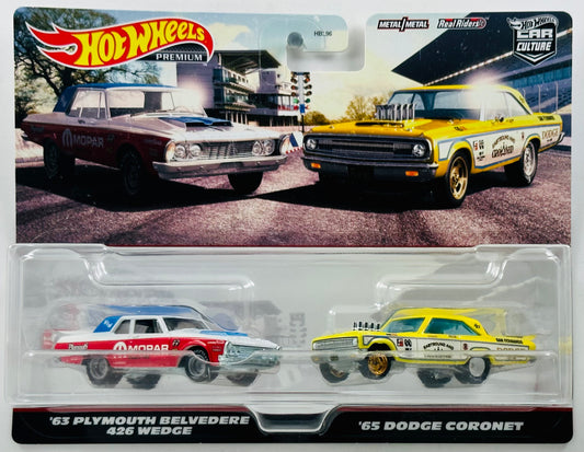 Hot Wheels 2023 - Premium / Car Culture / 2-Pack - Classic Muscle - '63 Plymouth Belvedere 426 Wedge & '65 Dodge Coronet - White, Red and Blue / Yellow - Metal/Metal & Real Riders