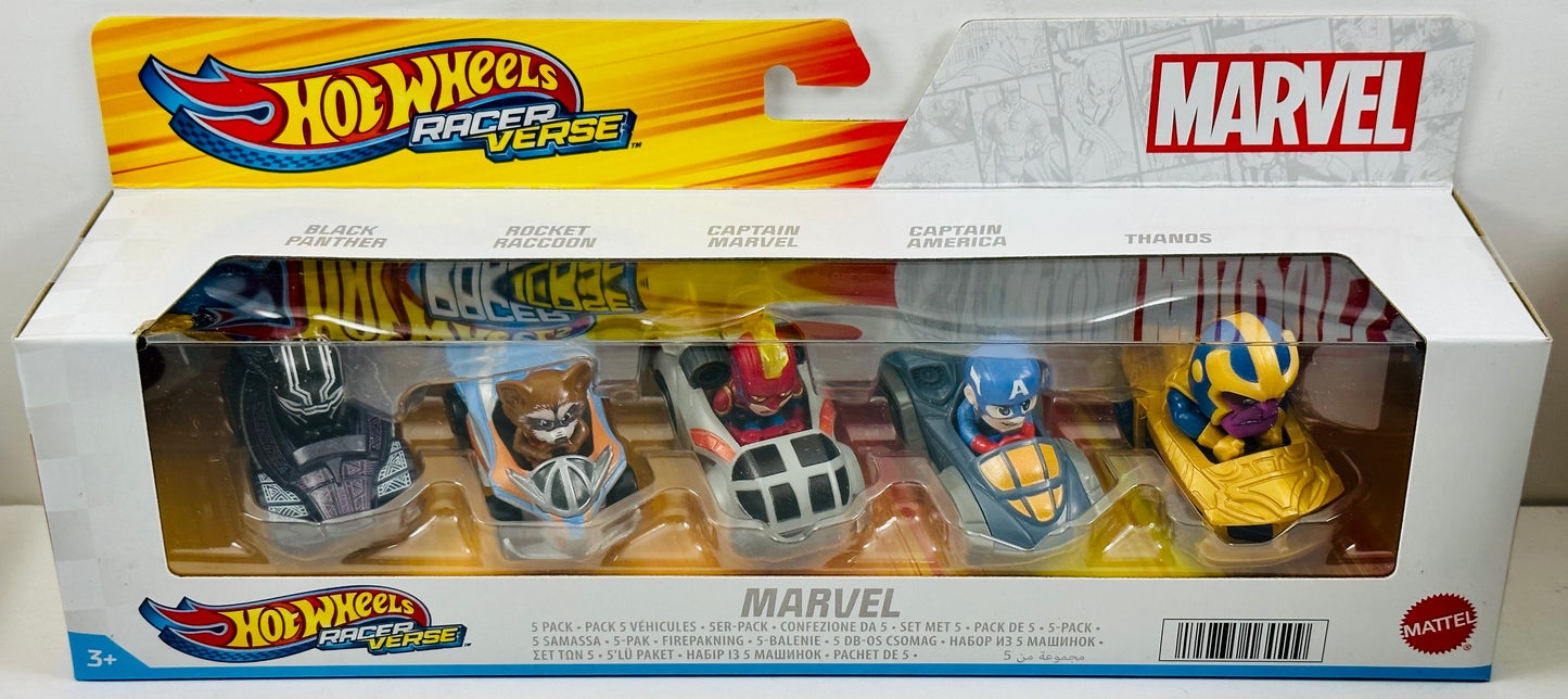 Hot Wheels 2023 - RacerVerse / 5 Pack / Marvel - Black Panther, Rocket Raccoon, Captain Marvel, Captain America & Thanos