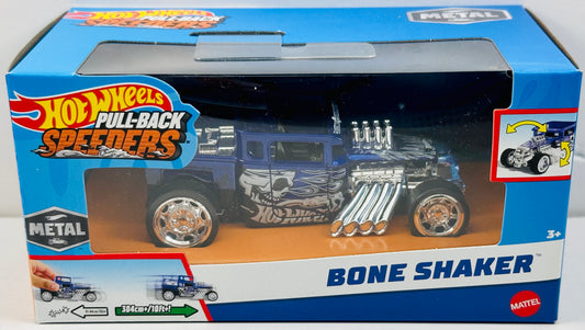 Hot Wheels 2023 - Pull-Back Speeders - Bone Shaker - Dark Blue - White Skull / White & Grey Flames - Metal - Display Box