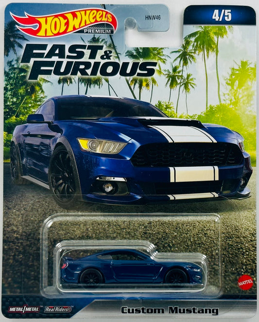 Hot Wheels 2023 - Premium / Fast & Furious # 04/05 - Custom Mustang - Metalflake Deep Impact Blue - F9: The Fast Saga - Metal/Metal & Real Riders