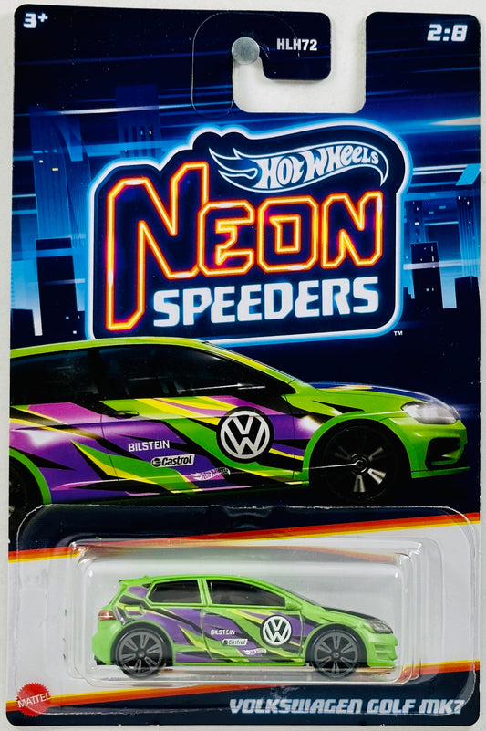 Hot Wheels 2023 - Neon Speeders 02/08 - Volkswagen Golf MK7 - Neon Green - Neon Purple & Yellow Paint / Volkswagen Logo - Walmart Exclusive