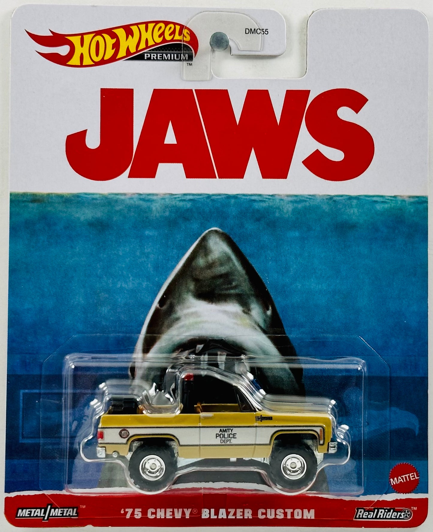 Hot Wheels 2023 - Premium / Replica Entertainment / JAWS - '75 Chevy Blazer Custom - Tan / 'Amity Police Dept.' - Metal/Metal & Real Riders / Off-Road Deep Dish (ORDDRR) Wheels