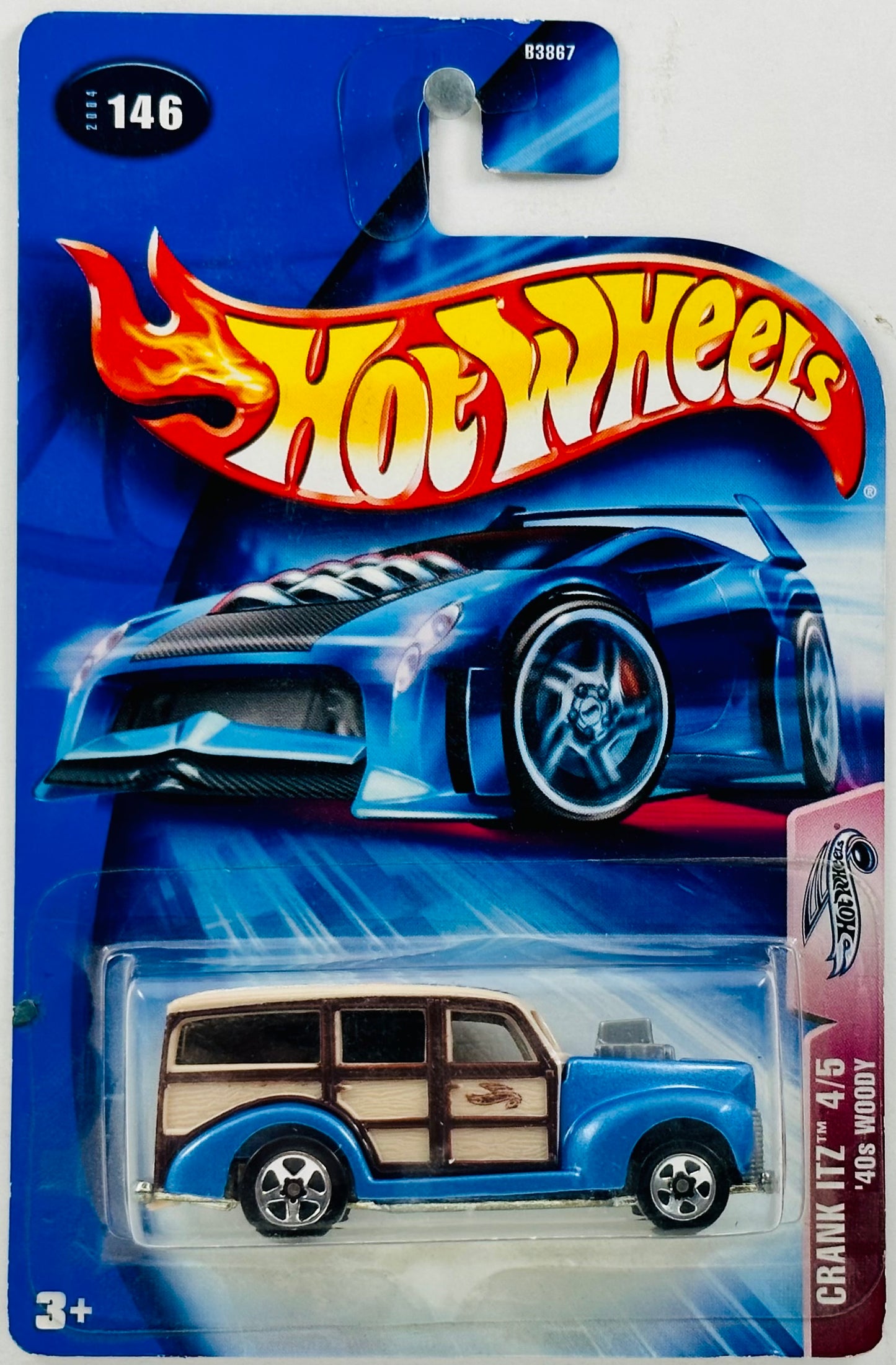 Hot Wheels 2004 - Collector # 146/212 - Crank Itz 04/05 - '40s Woody - Blue & Brown - 5 Spokes - USA NC