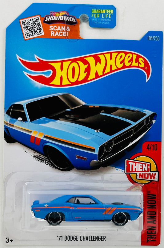 Hot Wheels 2016 - Collectors # 104/250 - Then And Now 4/10 - '71 Dodge Challenger - Blue - Tampo ERROR NO Black in the Stripes! - USA